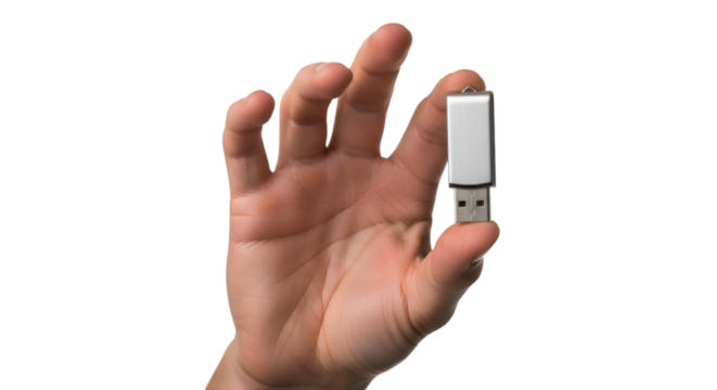 Hand Holding a Silver USB Flash Drive Data Storage Concept.