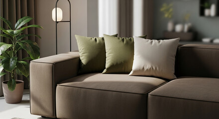 Brown sofa with green and beige pillows, showcasing a cozy living room scene Mockup for interior design, advertising, or home decor