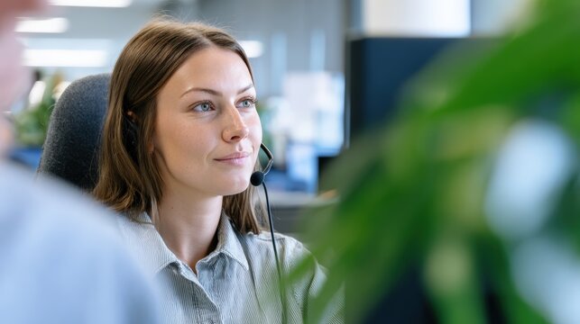 Focused female customer service representative wearing headset, attentively listening in modern office setting.