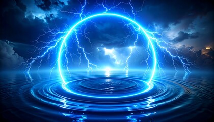 Circular portal over rippled water, stormy sky