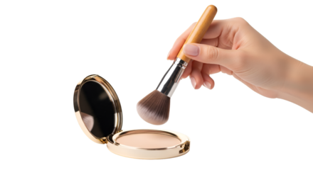 Hand Holding Makeup Brush Above Compact Powder Ready for Application 1.
