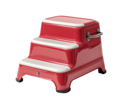 Step up red metal step stool in home kitchen modern design isolated on transparent background, png