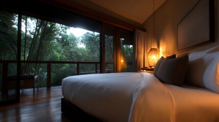 Obraz premium Luxurious bedroom with nature view and wooden accents in a tranquil setting