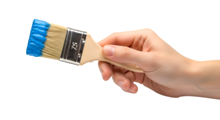Hand Holding Paintbrush with Blue Paint Ready for Creative Application.