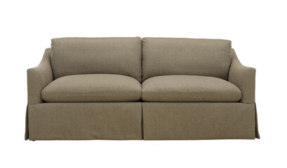 Elegant two seater sofa in taupe linen with skirted base design + clipping path. Furniture, interior object.