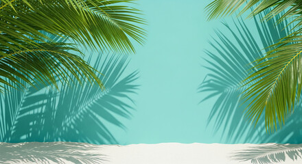 Teal background with palm leaves and shadows cast on white sand below, showcasing a summery beach scene ideal for product display or advertisement