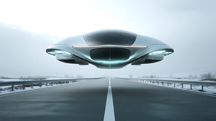 An sleek, futuristic flying car hovering above an empty highway in a misty landscape, representing innovative urban air mobility and advanced transportation technology