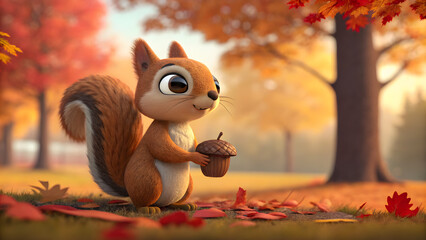 Charming cartoon squirrel holding acorn enjoying autumn afternoon in a vibrant park