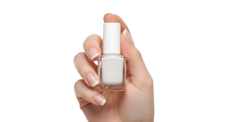 Hand Holding White Nail Polish Bottle with French Manicured Nails 1.