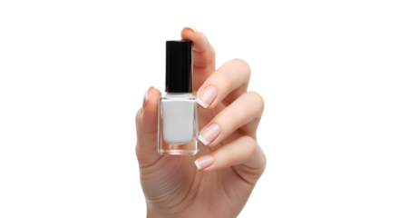 Hand Holding White Nail Polish Bottle with French Manicured Nails.