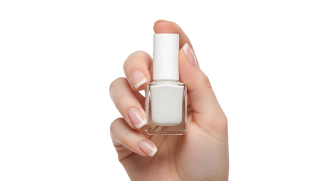 Hand Holding White Nail Polish Bottle with French Manicured Nails 1.