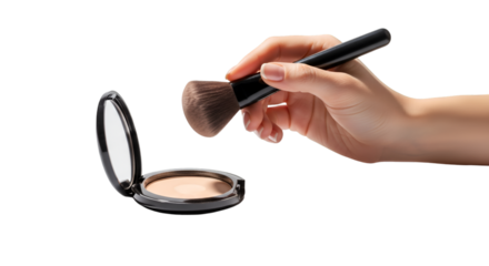 Makeup Application Hand Holding Brush Above Compact Powder for Beauty.