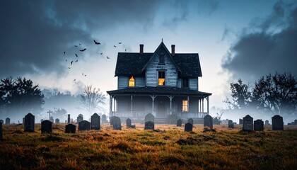 Obraz premium Haunted House in Eerie Graveyard with Fog and Flying Birds Spooky Halloween Scene