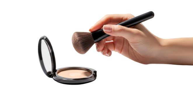 Makeup Application Hand Holding Brush Above Compact Powder for Beauty.