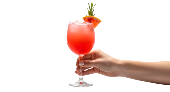 Refreshing Cocktail with Grapefruit Garnish Held by a Hand.