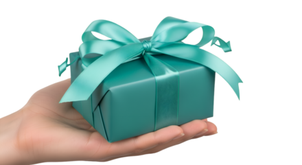 Teal Gift Box with Ribbon Held in a Hand CloseUp View.