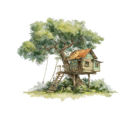 Playful treehouse escape enchanted forest watercolor nature's serenity aerial view imagination isolated on transparent background, png