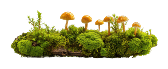 Mushroom growth on mossy log in forest nature serenity and biodiversity isolated on transparent background, png