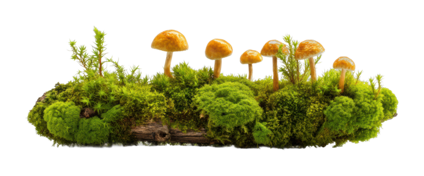 Mushroom growth on mossy log in forest nature serenity and biodiversity isolated on transparent background, png