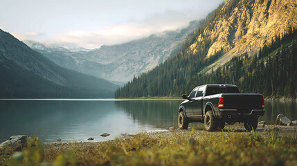 A rugged travel photo showing a pickup truck parked by a peaceful, reflective lake in a majestic mountain landscape © Mr.Spy