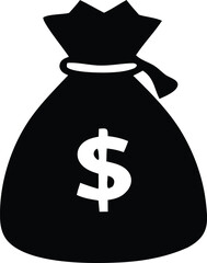 Simple silhouette of a black money bag with a white dollar sign symbolizing wealth and financial success