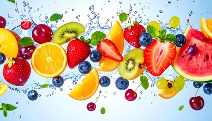  imagen hiperrealista de una explosión de frutas de temporada, con diversas frutas frescas (fresas, cerezas, melocotones, ciruelas, sandía, uvas, arándanos y naranjas) flotando en el aire