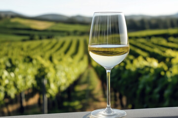 White wine glass overlooking vineyard hills
