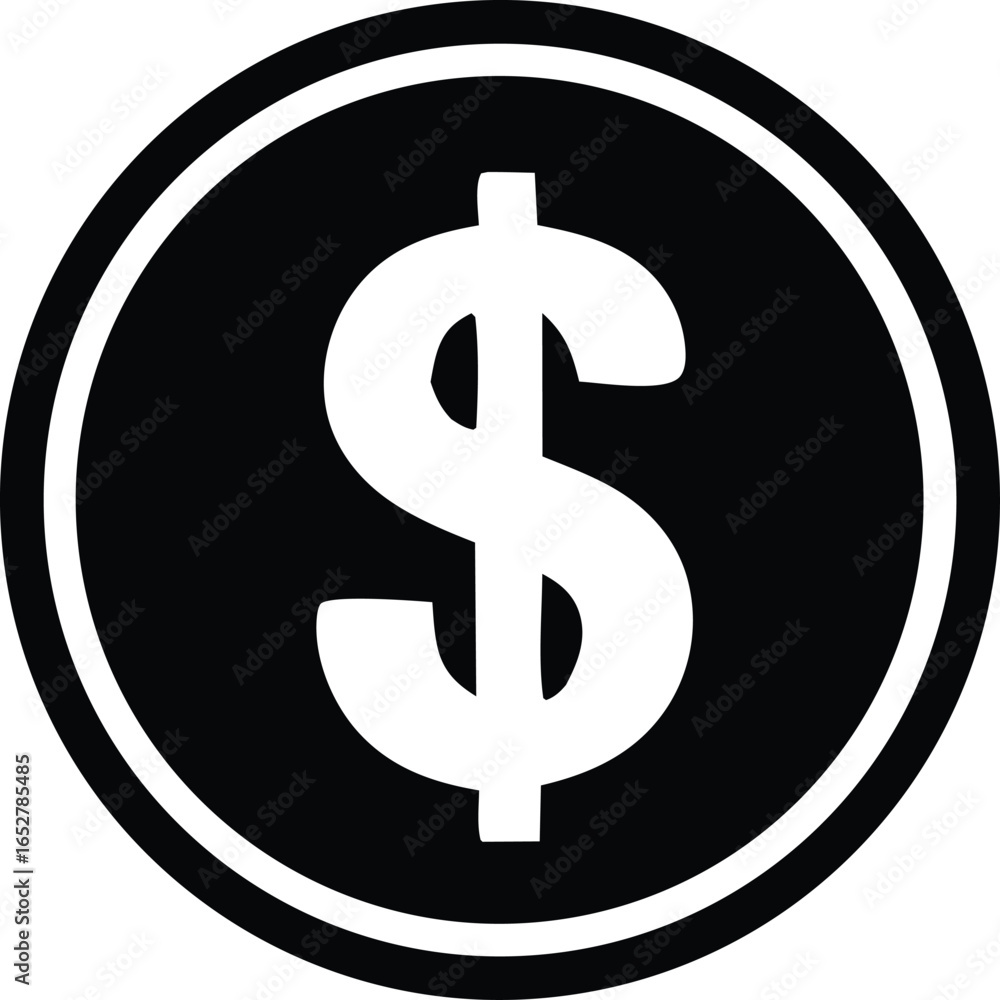 Poster a simple black and white graphic icon featuring a large white dollar sign centered within a circular