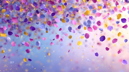 Naklejka premium A captivating display of colorful flower petals falling against a soft, pastel background, filled with vibrant hues and delicate details.