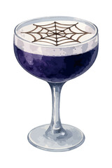 Halloween watercolor purple cocktail spooky drink with spider web. Vector isolated on white background.
