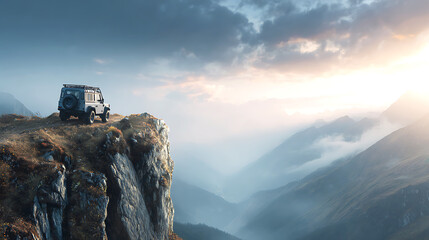 A breathtaking travel photo showing an off-road car parked on a mountain cliff overlooking a deep, foggy valley