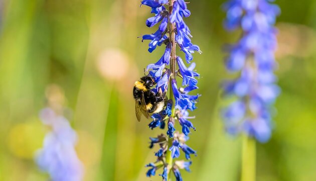 Bee on a vibrant blue flower cluster - Powered by Adobe