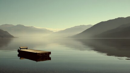 A serene lake scene showcases a wooden dock gently floating on still water, reflected perfectly, with hazy mountains in the background.