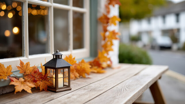 Rustic lantern with autumn leaves on wooden table outside cozy cafe