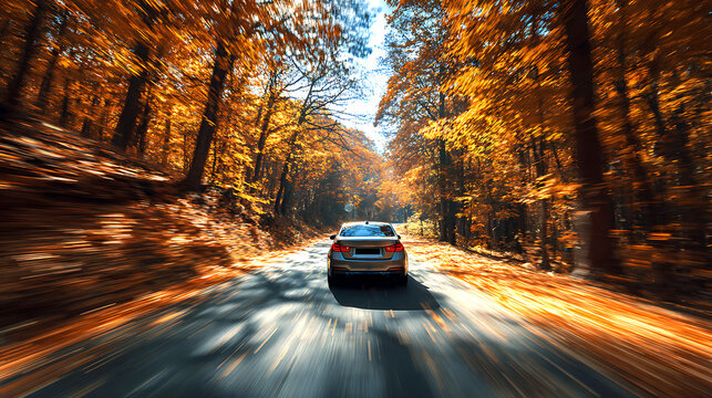 Rear view of a car speeding down a winding road through a vibrant autumn forest with motion blur, capturing the feeling of a fast-paced journey