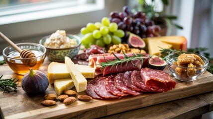 A wooden cutting board on which various products are laid out: meat, cheeses, fruits, nuts. Rosemary sprigs are scattered all over the board.