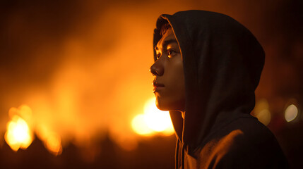 Young person in hood illuminated by warm firelight at night, dramatic portrait capturing thoughtful expression and atmospheric glowing background