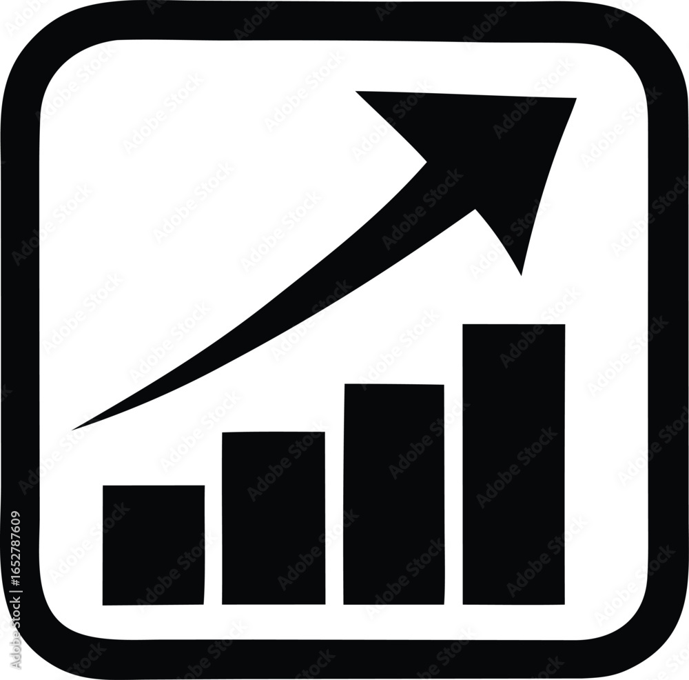 Poster simple black and white icon illustrating a rising bar chart with an upward arrow symbolizing growth 