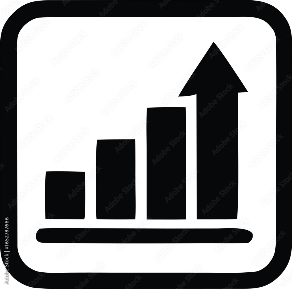 Poster simple black and white icon representing upward trend with increasing bar graph and arrow signifying