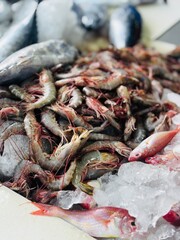 Fresh chemmeen (prawns) displayed in a local seafood shop, showcasing natural texture and market atmosphere, perfect for themes of seafood, cooking, fishing, and local trade.