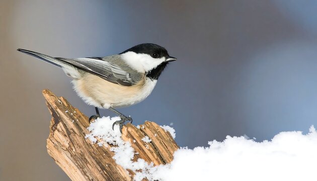 A chickadee perched on snow-covered branch