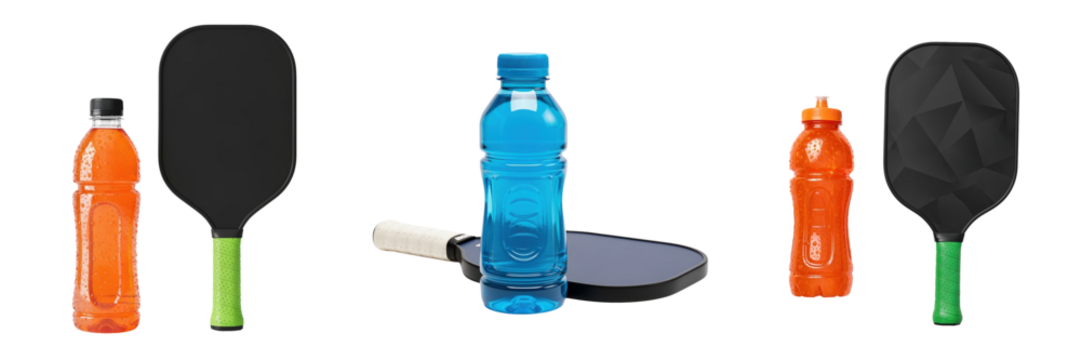 Pickleball paddles and sports drink bottles arranged in row with vibrant colors and clean design for active lifestyle scene