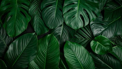 Deep green tropical leaves layered on dark background