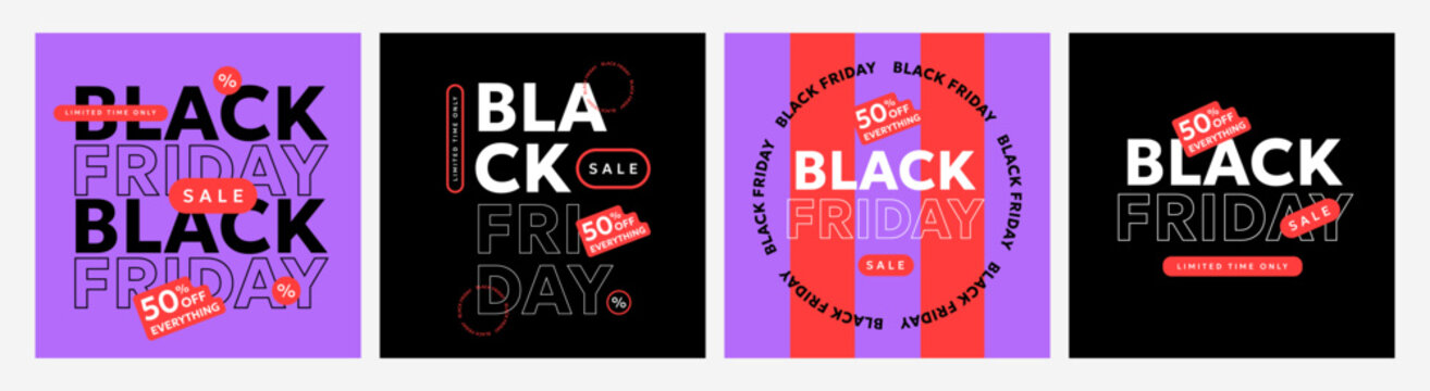Black Friday Sale poster, flyer, web banner or label collection in black, red and purple colors with modern typography. Black Friday templates for advertising, social and fashion ads and sales 