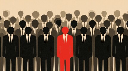 Person in red stand out in crowd,face forward with aura of confidence,dark background,copy space