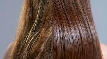 Naklejka premium Before and after hair comparison with batana oil treatment, showing transformation from dry frizz to smooth glossy strands.