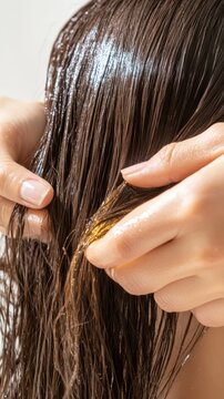 Hands applying batana oil to shiny long hair, minimal background, highlighting hydration, nourishment, and natural beauty care.