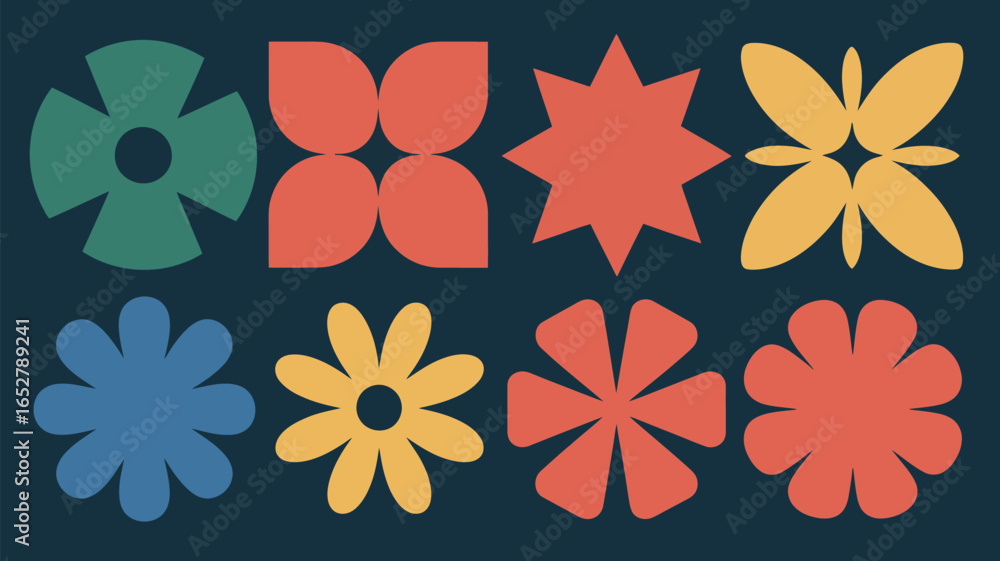 Poster abstract shapes and floral patterns arranged in a grid on a dark blue background creating a retro vi