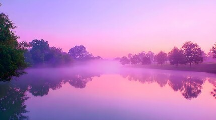 Obraz premium A serene lake bathed in the hues of a pastel sunrise, fog-shrouded trees reflecting peacefully on the water's surface.