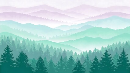 Fototapeta premium Serene Mountain Landscape with Evergreen Forest and Layers of Misty Hills in Soft Pastel Hues Perfect for Backgrounds and Wallpapers